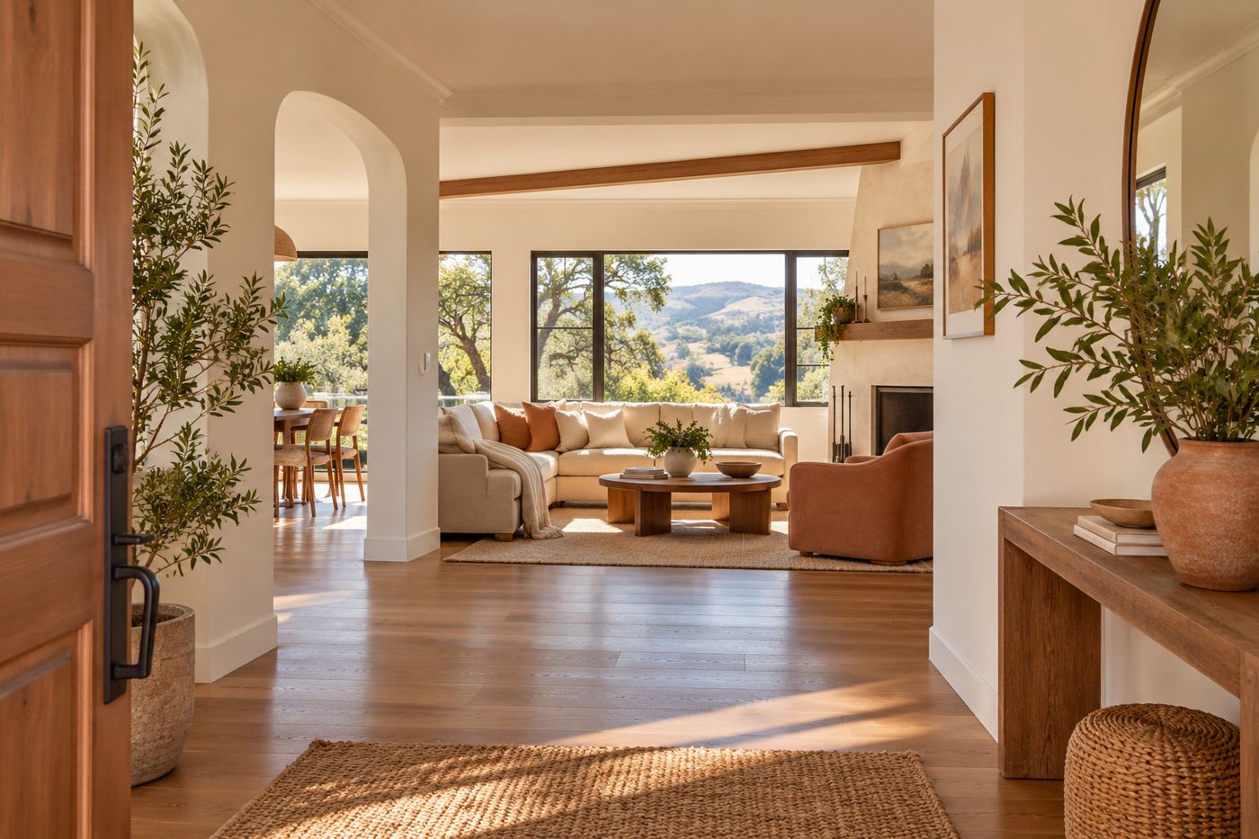 Sunlit entryway looking into a warm living room with oak trees and rolling hills outside the window