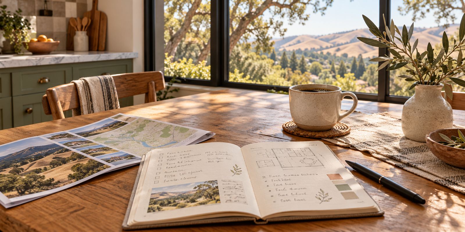 A notebook with a home-buying checklist, a neighborhood map, and a cup of coffee on a wooden table by a window with golden hills