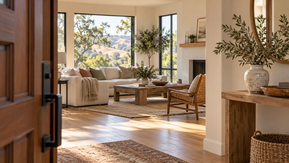 Bright living room with a view of golden hills, seen through an open front door