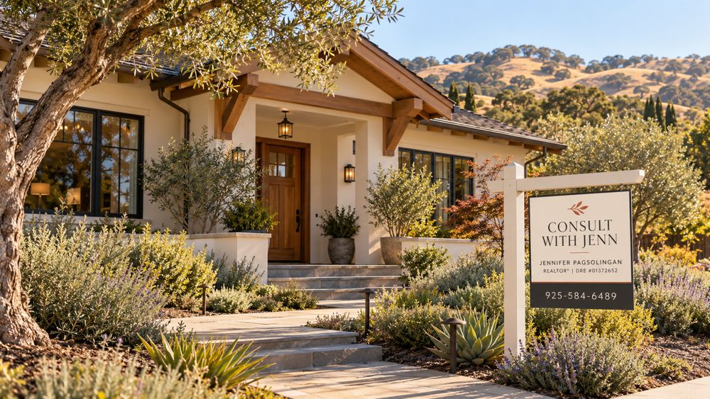 Home with a Consult with Jenn sign in the front yard, with golden hills behind