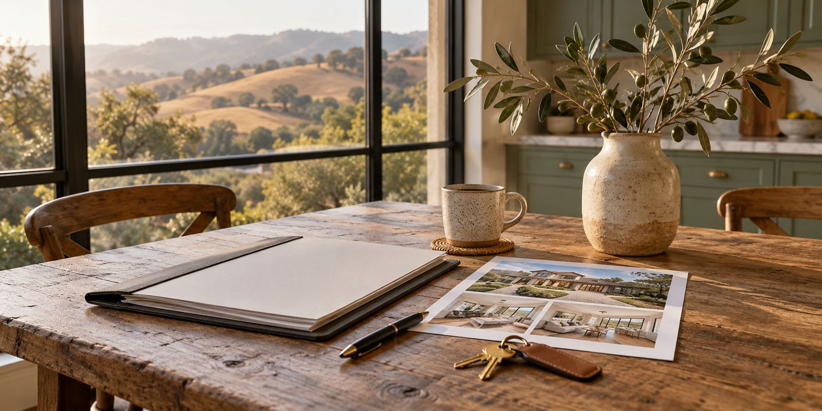 A folder of home-sale paperwork, printed listing photos, and house keys on a wooden table by a window with golden hills